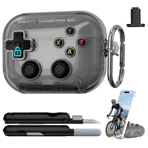 RFUNGUANGO for AirPods Pro 3 Case with Lock & Cleaning Kit, 2025 Transparent Cool Gaming Hard Case, Built-in Phone Stand, Shockproof Protective Cover for AirPods Pro 3 （Black） - Image 1