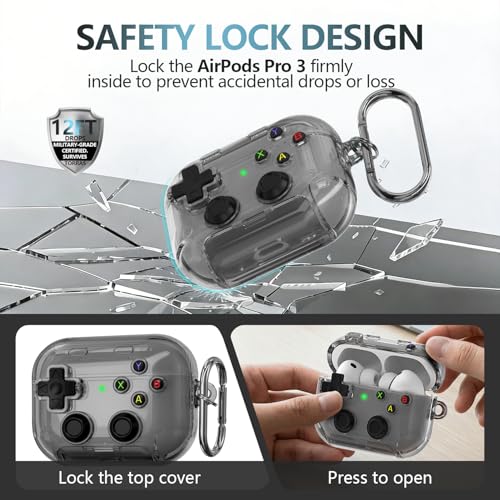 RFUNGUANGO for AirPods Pro 3 Case with Lock & Cleaning Kit, 2025 Transparent Cool Gaming Hard Case, Built-in Phone Stand, Shockproof Protective Cover for AirPods Pro 3 （Black） - Image 5
