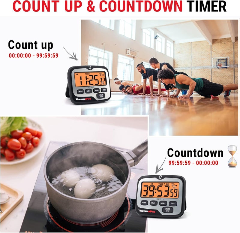 ThermoPro TM01 مؤقتات المطبخ للطهي مع مؤقت عد تنازلي وعد تصاعدي، مؤقت رقمي للأطفال والطلاب مع إضاءة خلفية تعمل باللمس، مؤقتات دراسية لوازم المعلم في الفصل - Image 3