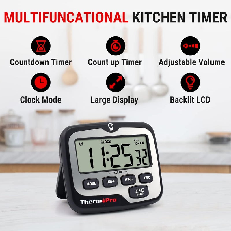ThermoPro TM01 مؤقتات المطبخ للطهي مع مؤقت عد تنازلي وعد تصاعدي، مؤقت رقمي للأطفال والطلاب مع إضاءة خلفية تعمل باللمس، مؤقتات دراسية لوازم المعلم في الفصل - Image 2