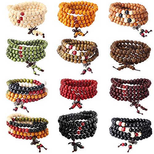 LOYALLOOK 12Pcs 108 Mala Bead Bracelets 8MM Buddhist Prayer Strand Sandalwood Wood Beaded Bracelet Necklace Elastic Handmade Multilayer Tibetan Buddha Link Wrist Bracelets Meditation Necklace Chain - Image 1