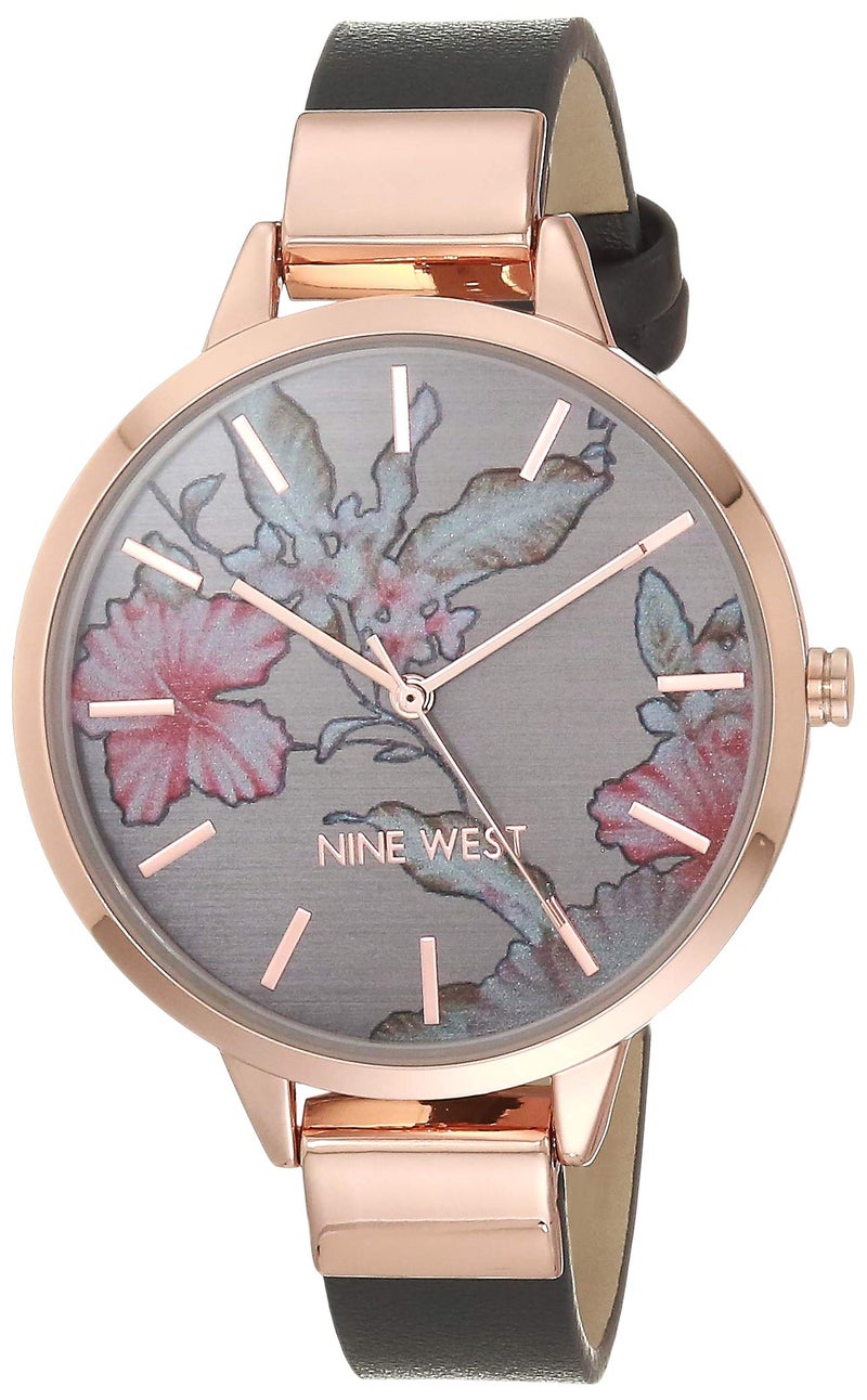 Nine West Women's Floral Dial Analog Watch, Grey/Rose Gold, Mineral Crystal Lens, Manufacturer Movement, Second Hand Feature, Vegan Leather Strap - Image 1