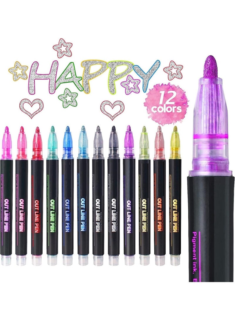 SUPER TOY 12 Pc Metallic Double Line Outline Markers Glitter Pen Set for Rock Painting, Glass, Mug, Wood, Fabric, Canvas, DIY Craft with Fine Medium Tip Perfect Creative Gift Idea - Image 1