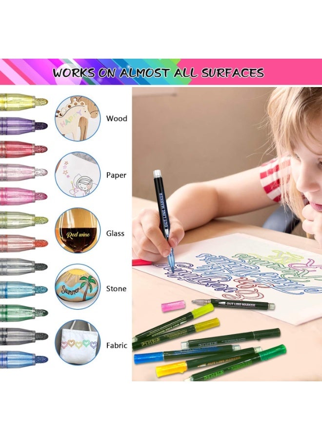 SUPER TOY 12 Pc Metallic Double Line Outline Markers Glitter Pen Set for Rock Painting, Glass, Mug, Wood, Fabric, Canvas, DIY Craft with Fine Medium Tip Perfect Creative Gift Idea - Image 3