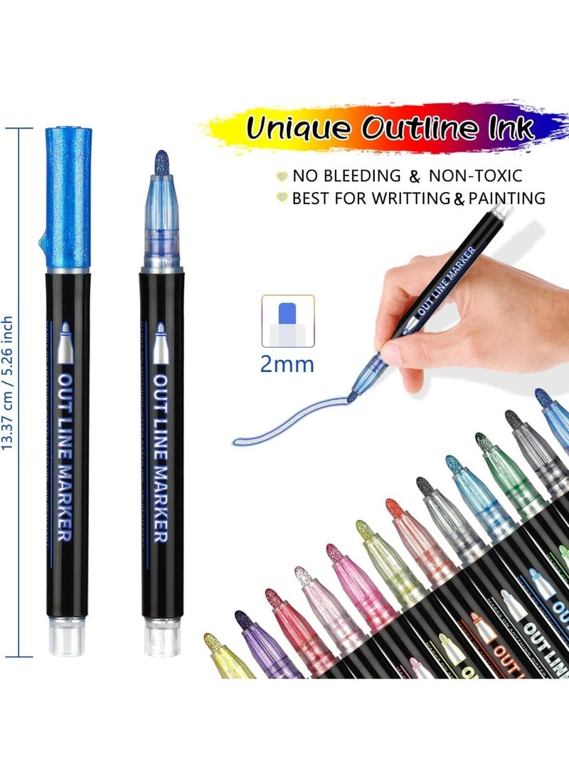 SUPER TOY 12 Pc Metallic Double Line Outline Markers Glitter Pen Set for Rock Painting, Glass, Mug, Wood, Fabric, Canvas, DIY Craft with Fine Medium Tip Perfect Creative Gift Idea - Image 2