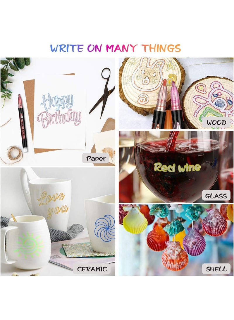 SUPER TOY 12 Pc Metallic Double Line Outline Markers Glitter Pen Set for Rock Painting, Glass, Mug, Wood, Fabric, Canvas, DIY Craft with Fine Medium Tip Perfect Creative Gift Idea - Image 5