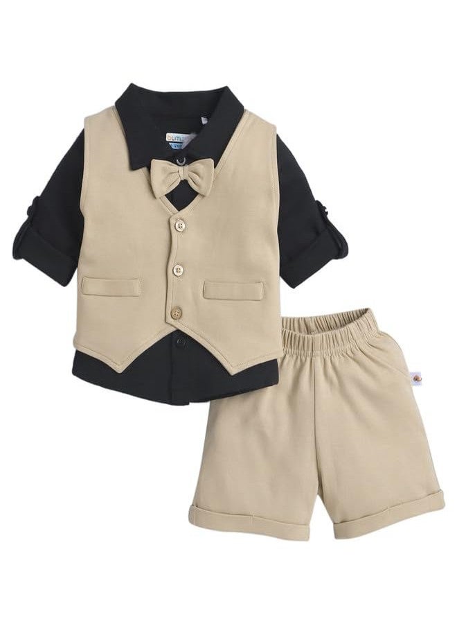 BUMZEE Boys Cotton Shirt Waistcoat & Short Set With Applique Bow Black & Beige - 12-18 Months - Image 1