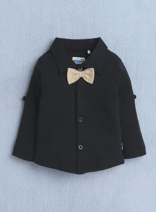 BUMZEE Boys Cotton Shirt Waistcoat & Short Set With Applique Bow Black & Beige - 12-18 Months - Image 2