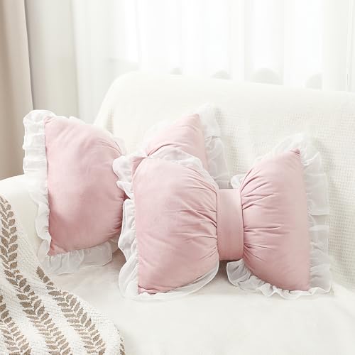 Yousoontic 2 Pcs Bow Pillows 157 126 in Coquette Throw Pillow Cute Bow Shaped Cushion Plush Lumbar Decorative for Girls Room Bed Sofa Couch CarVelvetPink - Image 1