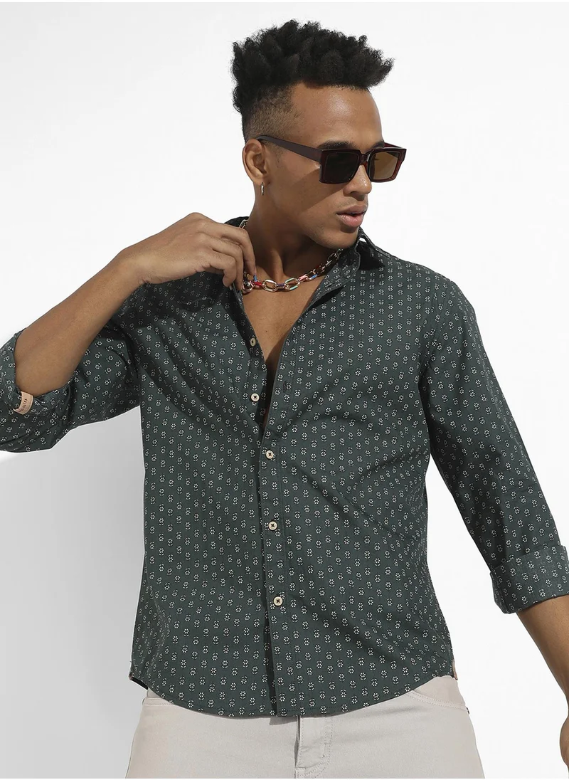 كامبوس سوترا Men's Forest Green Micro Flower Shirt