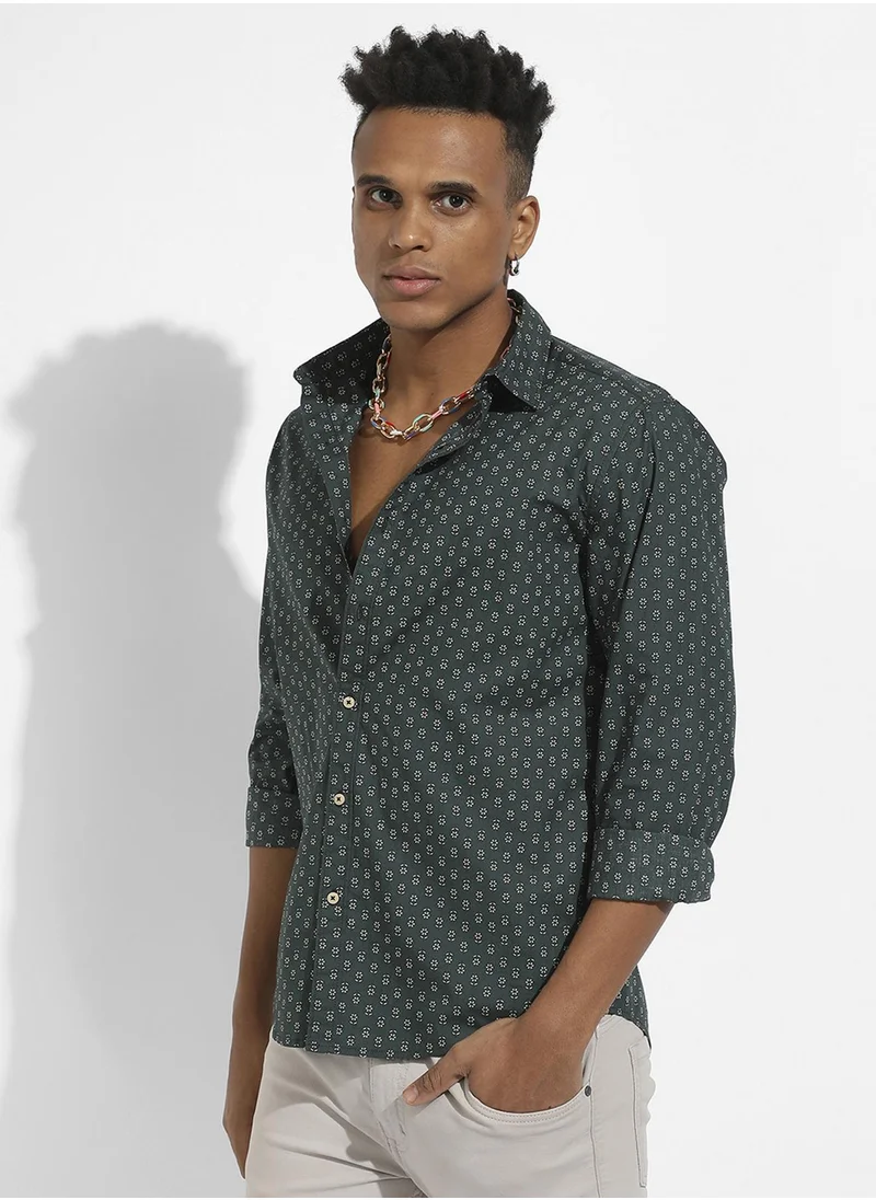كامبوس سوترا Men's Forest Green Micro Flower Shirt