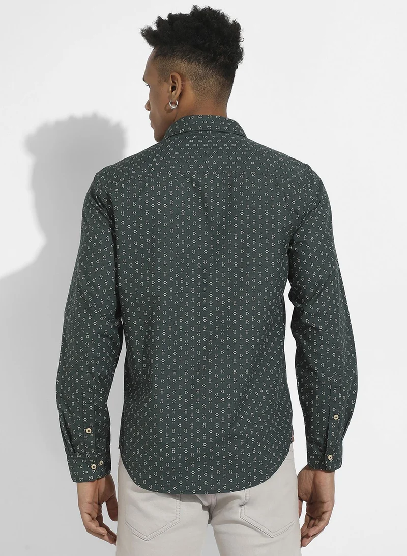 Campus Sutra Men's Forest Green Micro Flower Shirt
