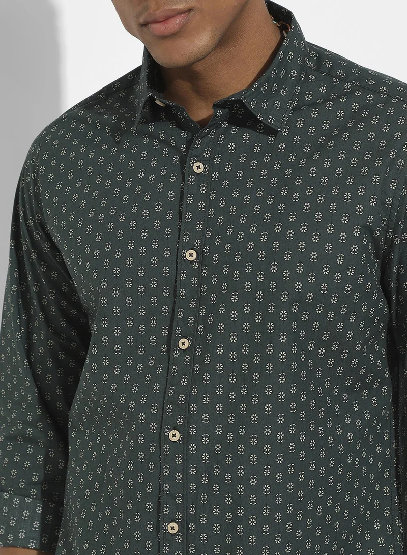 Campus Sutra Men's Forest Green Micro Flower Shirt