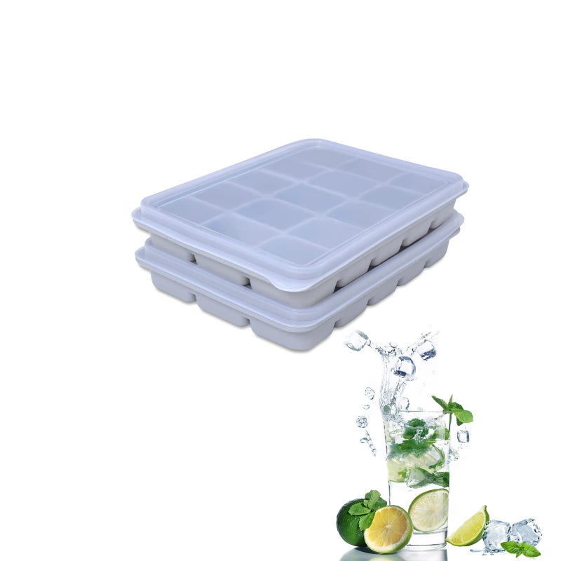 Ice Cube Trays Set of 2 Easy Release 15 Flexible Silicone Ice Cube Molds with Removable Lid Reusable Freezer Ice Trays Stackable for Whiskey Baby Food BPA Free SNOW GRAY