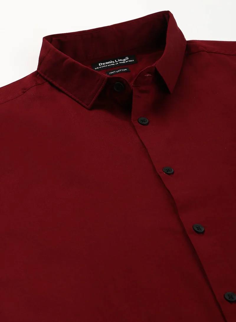 Dennis Lingo Slim Fit Dark Red Men's Solid Shirt, Spread Collar, Full Sleeves, 100% Cotton