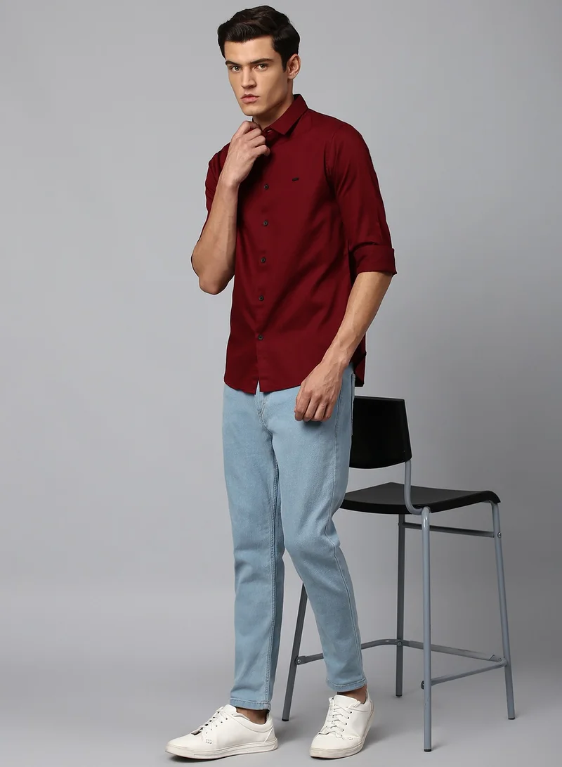 Dennis Lingo Slim Fit Dark Red Men's Solid Shirt, Spread Collar, Full Sleeves, 100% Cotton