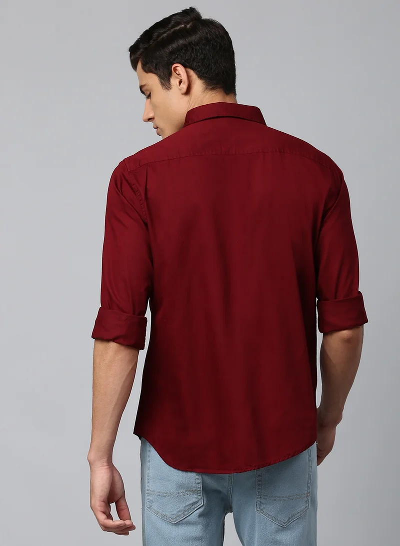 Dennis Lingo Slim Fit Dark Red Men's Solid Shirt, Spread Collar, Full Sleeves, 100% Cotton