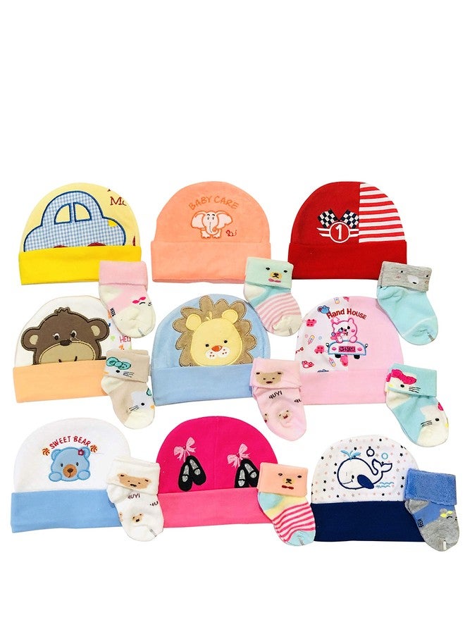 Freshfoot Cute and Colourful New Born Baby Socks & Caps Set 0 to 12 Months, (Multicolored caps & Socks, 2) - Image 1
