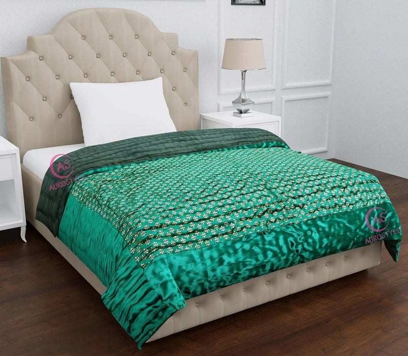 AUROSTYLE Rajasthani Cotton Filled Light Weight Silk Soft Jaipuri AC Quilt Dohar Over All Floral Print Design Blankets for Home 85x100 InchRama Green Butti Print Double Bed - Image 3