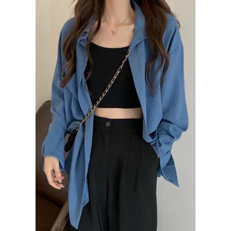 Blue Sunscreen Shirt Coat Womens Summer Thin Design Niche Loose Top Shirt Summer 2022 New Dark Blue [Store collection priority delivery]]