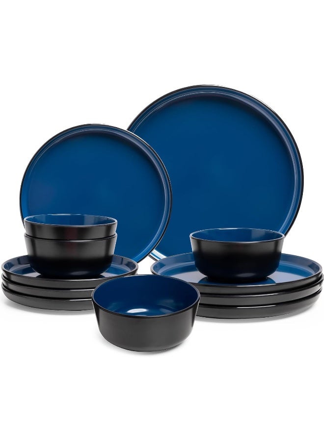 ZAROCRUS Melamine Dinnerware Sets 12 Pcs Unbreakable Plates and Bowls Set Outdoor Dinnerware RV and Camper Dishes Sets for 4 Kitchen Dishes Set for Entertaining Black and Blue  - Image 1