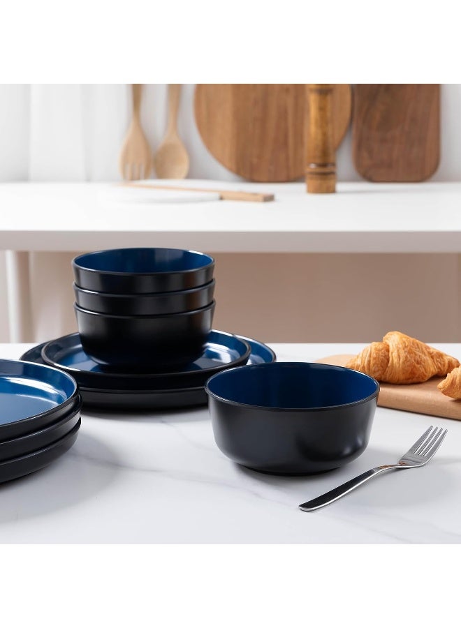 ZAROCRUS Melamine Dinnerware Sets 12 Pcs Unbreakable Plates and Bowls Set Outdoor Dinnerware RV and Camper Dishes Sets for 4 Kitchen Dishes Set for Entertaining Black and Blue  - Image 3