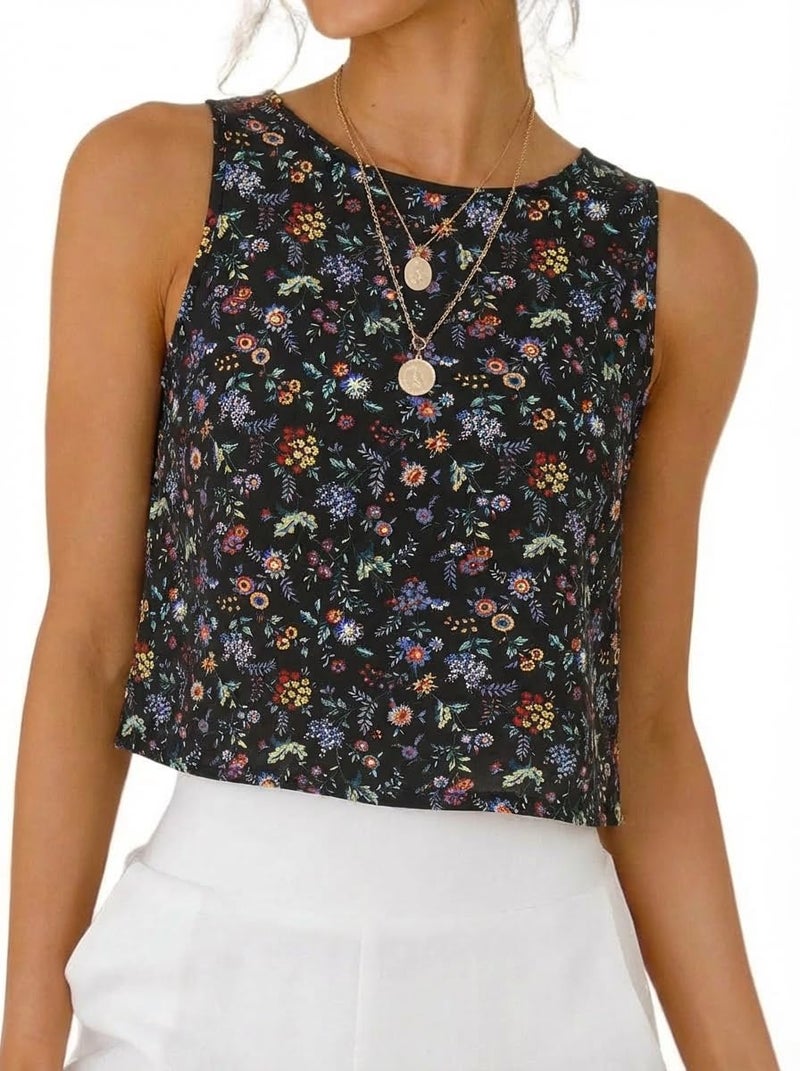 IDEALSANXUN Floral Tank Tops for Women 2026 Spring Summer Beach Boho Sleeveless Shirts Blouses Cute Crop Vest Top, Floral Black, S - Image 1
