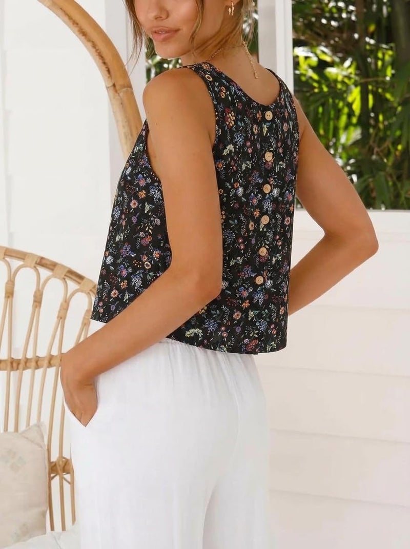 IDEALSANXUN Floral Tank Tops for Women 2026 Spring Summer Beach Boho Sleeveless Shirts Blouses Cute Crop Vest Top, Floral Black, S - Image 2