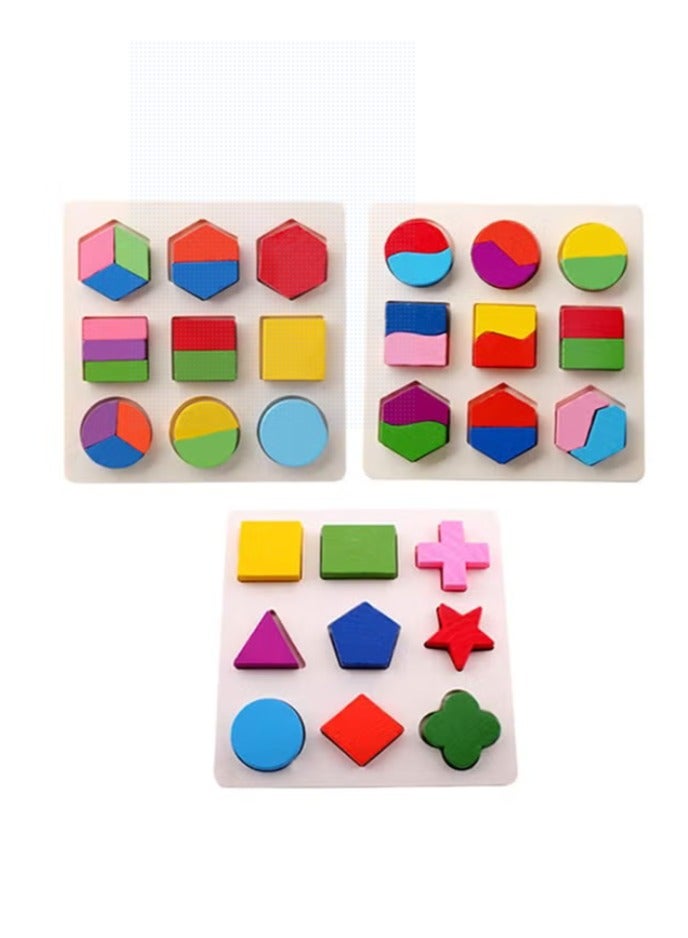 Three Patterns Baby Early Learning Wooden Geometry Shape Sorting Educational Puzzle Toy - Image 1