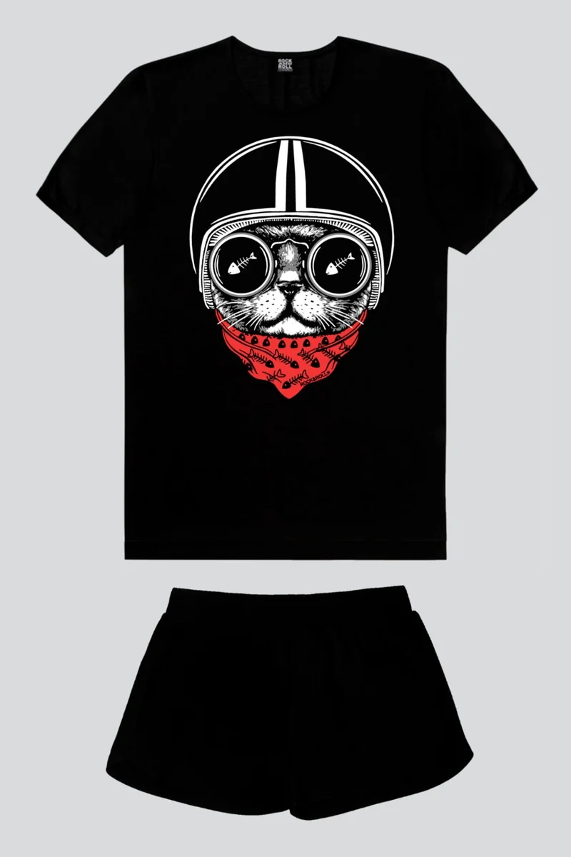 روك اند رول Helmet Cat Black Short Sleeve Women's Shorts Set