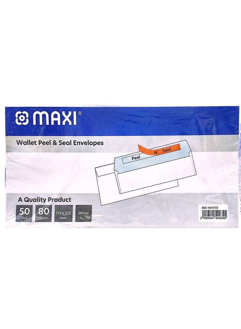 Maxi White Envelopes 80Gsm 115X225mm Wallet Peel & Seal pack Of 50Pc