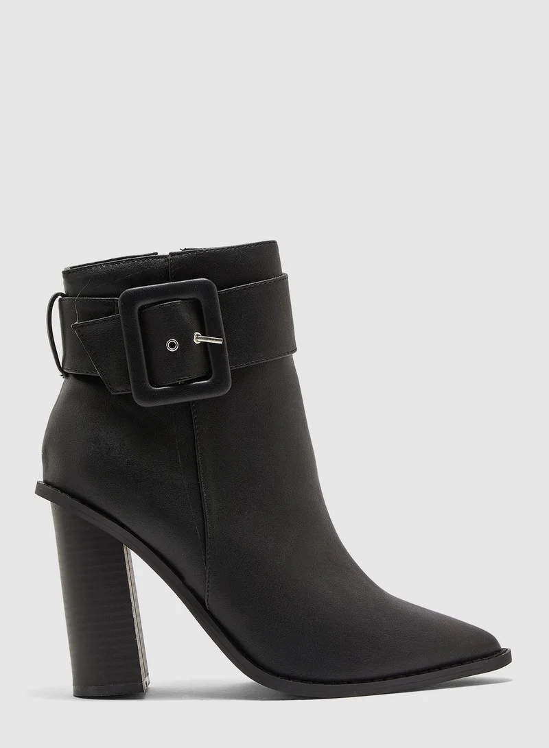 Missguided Covered Buckle Block Heel Pointed Ankle Boot