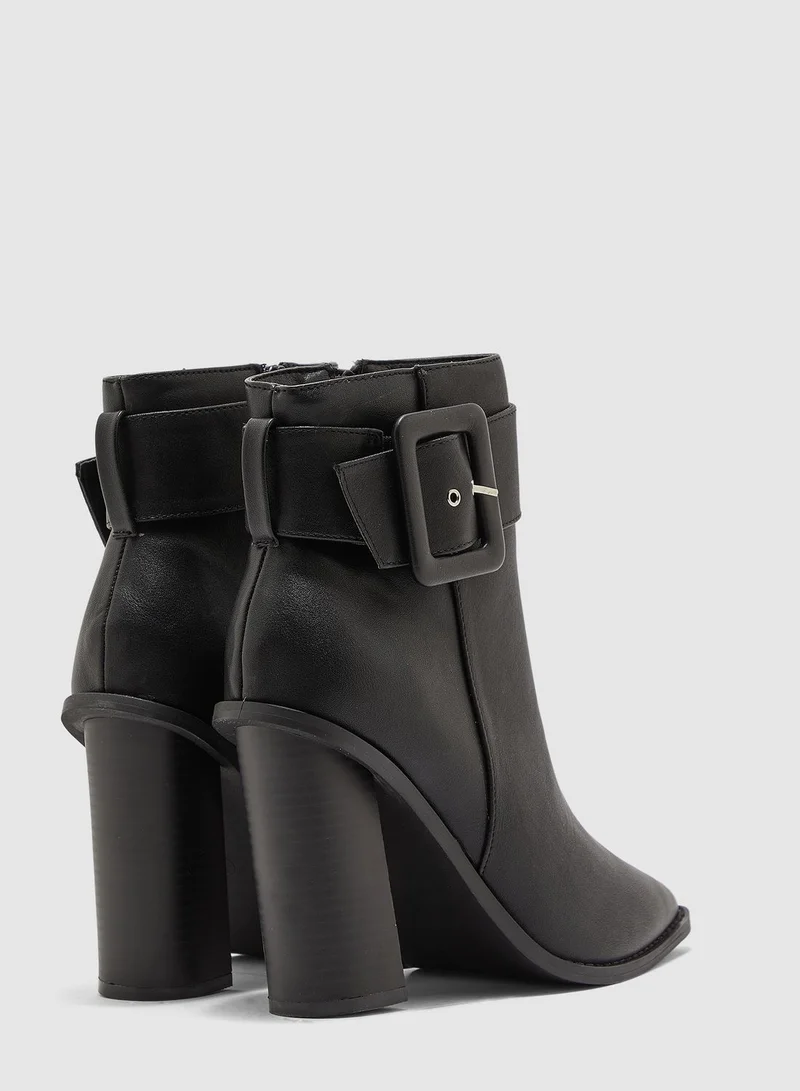 Missguided Covered Buckle Block Heel Pointed Ankle Boot