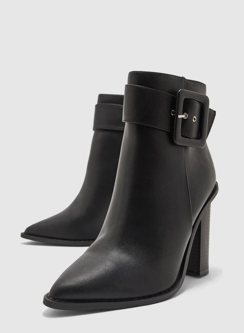 Missguided Covered Buckle Block Heel Pointed Ankle Boot