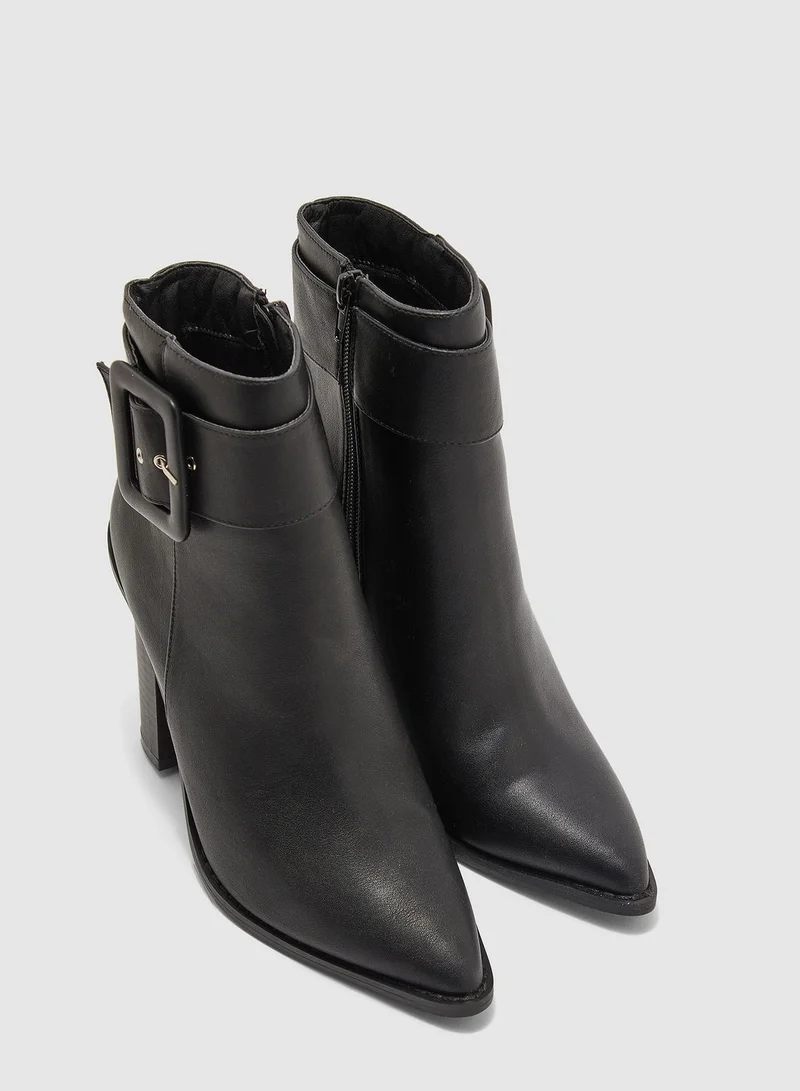 Missguided Covered Buckle Block Heel Pointed Ankle Boot