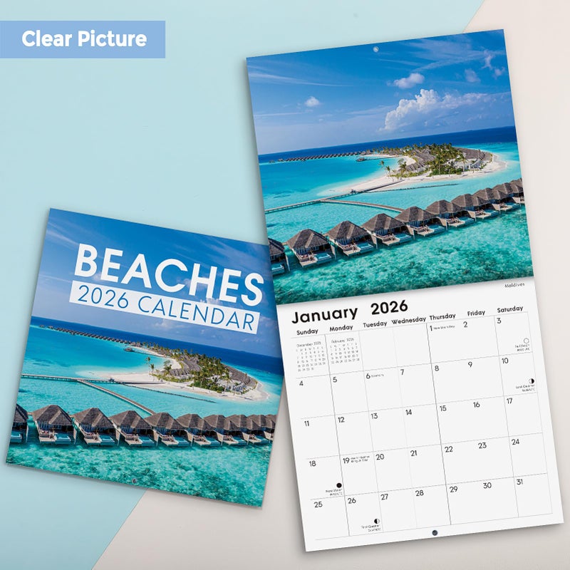 SKYDUE 2026 Wall Calendar 12"x24" Opened, 14-Month Beaches Calendar from November 2025 to December 2026 with Stickers, Thick Paper Monthly Calendar for Home Office Organizing & Planning - Image 5