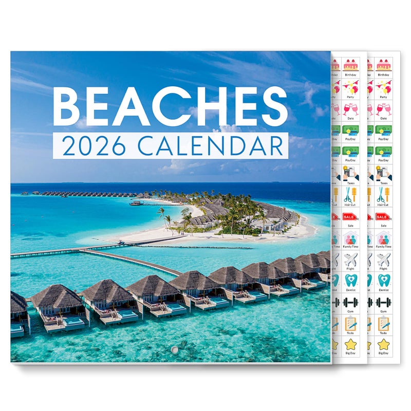 SKYDUE 2026 Wall Calendar 12"x24" Opened, 14-Month Beaches Calendar from November 2025 to December 2026 with Stickers, Thick Paper Monthly Calendar for Home Office Organizing & Planning - Image 1