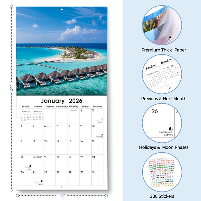 SKYDUE 2026 Wall Calendar 12"x24" Opened, 14-Month Beaches Calendar from November 2025 to December 2026 with Stickers, Thick Paper Monthly Calendar for Home Office Organizing & Planning - Image 4