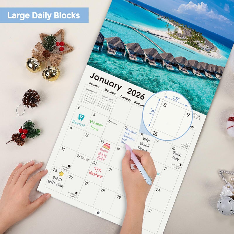 SKYDUE 2026 Wall Calendar 12"x24" Opened, 14-Month Beaches Calendar from November 2025 to December 2026 with Stickers, Thick Paper Monthly Calendar for Home Office Organizing & Planning - Image 2
