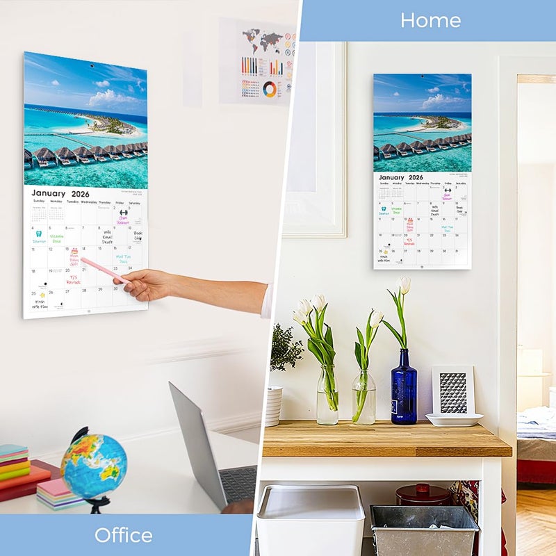SKYDUE 2026 Wall Calendar 12"x24" Opened, 14-Month Beaches Calendar from November 2025 to December 2026 with Stickers, Thick Paper Monthly Calendar for Home Office Organizing & Planning - Image 3