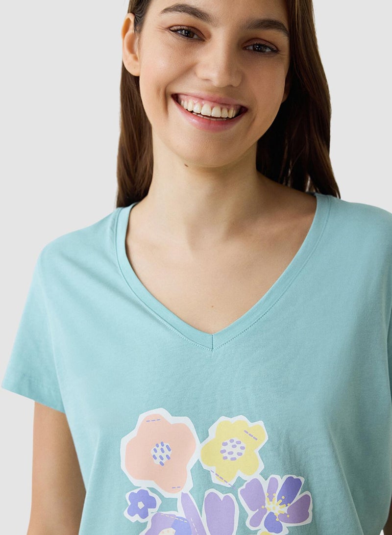 Penti Mint Green Floral Cotton V-Neck Short Sleeve Pyjamas Set - Image 4