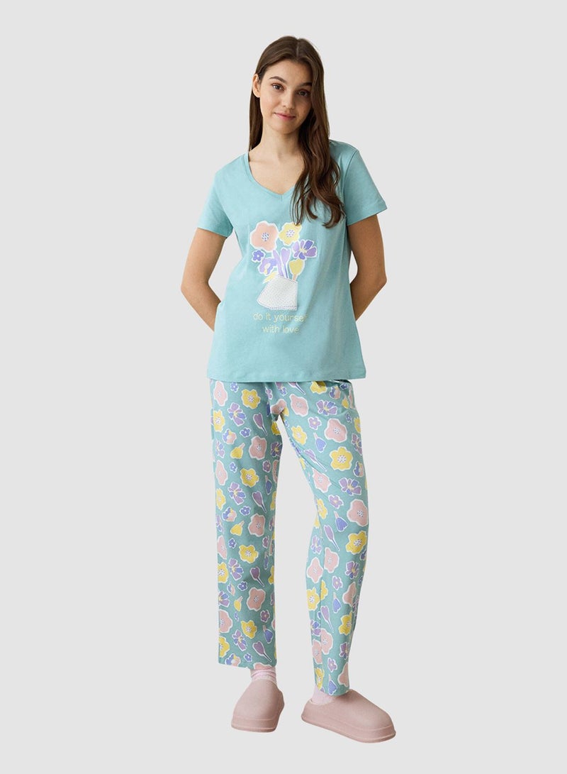 Penti Mint Green Floral Cotton V-Neck Short Sleeve Pyjamas Set - Image 1