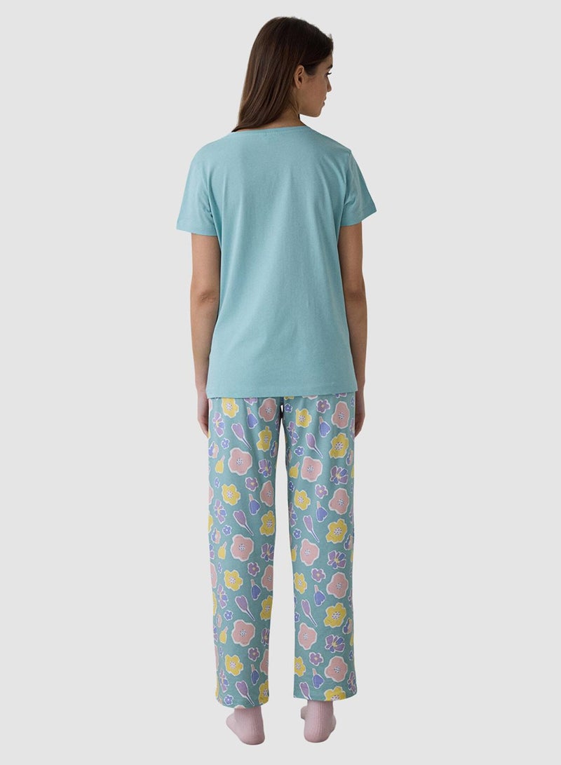 Penti Mint Green Floral Cotton V-Neck Short Sleeve Pyjamas Set - Image 3
