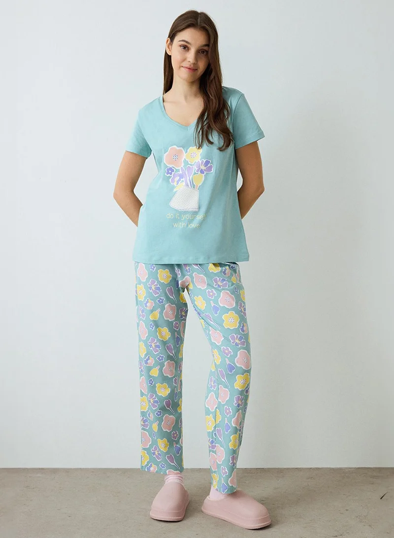 Penti Mint Green Floral Cotton V-Neck Short Sleeve Pyjamas Set