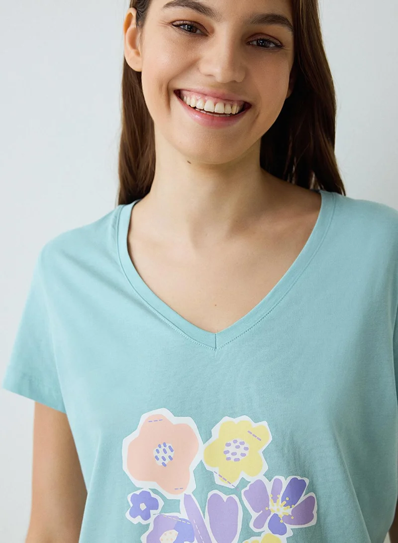 Penti Mint Green Floral Cotton V-Neck Short Sleeve Pyjamas Set