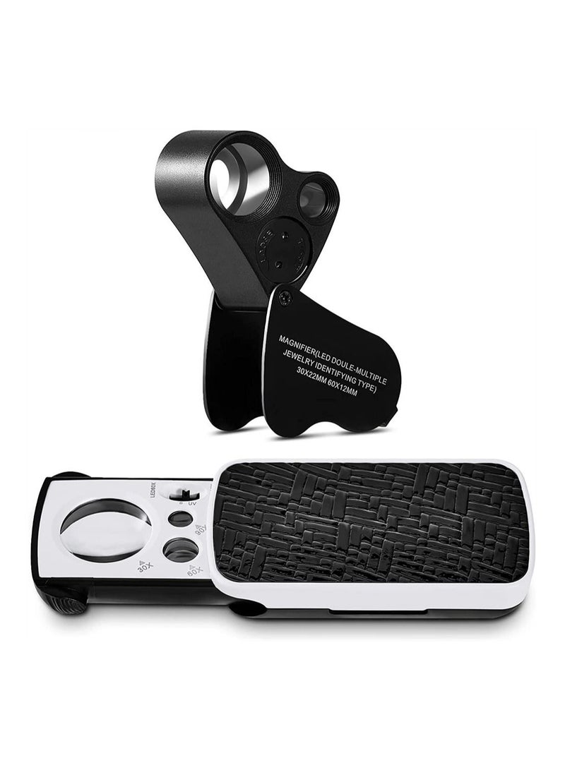 Y&D Jewelry Loupe, Y&D 2 Pieces 30X 60X 90X Illuminated Jewelers Eye Loupe Magnifier Foldable Pocket Folding Magnifying Glass with LED for Gems Coins Stamps Plants Watch Rock (Black) - Image 1
