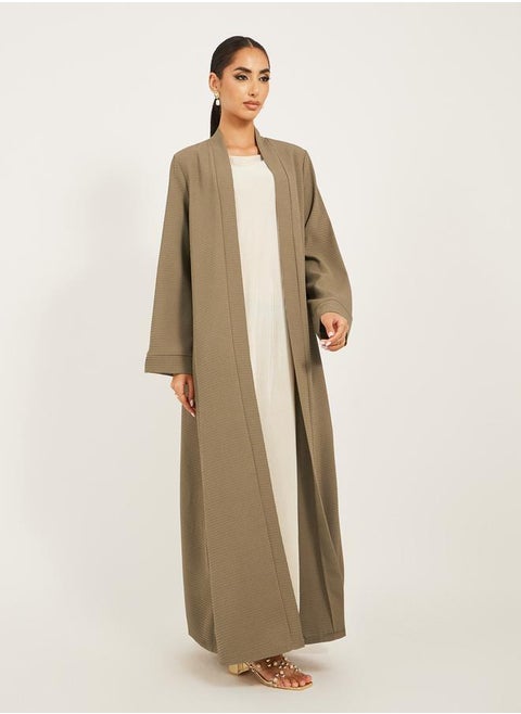 texture fabric front open abaya with high neck detail