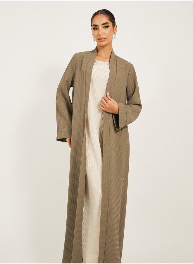 Styli - texture fabric front open abaya with high neck detail - Image 1