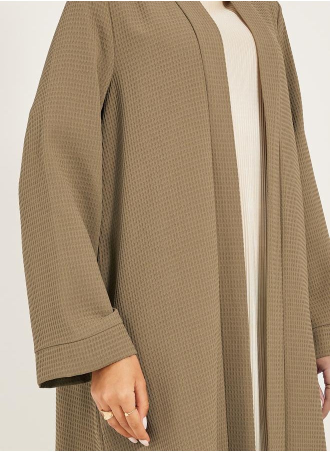 Styli - texture fabric front open abaya with high neck detail - Image 1
