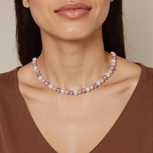 HENGSHENG Natural Pearls Choker Necklace for Women Freshwater Baroque Pearl Strand Necklace Chain Cultured Baroque Pearl 925 Sterling Silver Clasp Choker(Colorful, 5-6mm, Silver Clasp) - Image 4